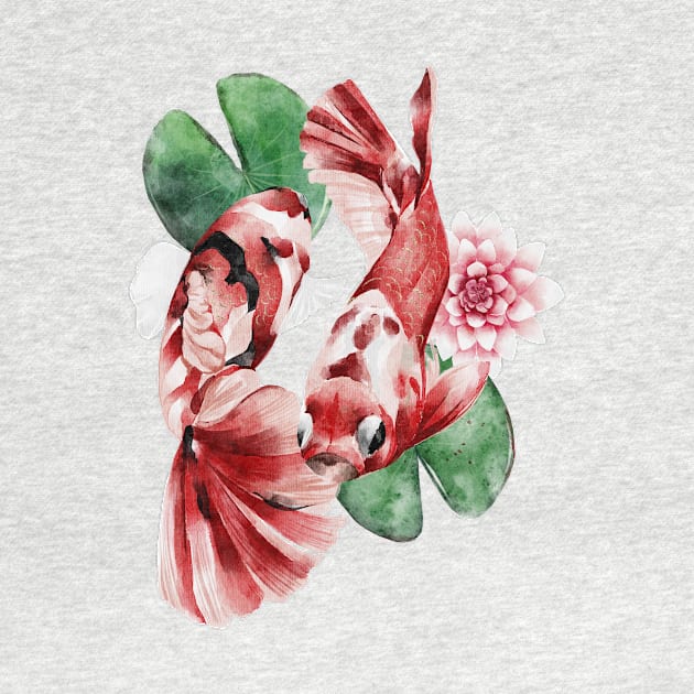 Two Koi Fish with Lotus Flower - Japanese Painting by KOTOdesign